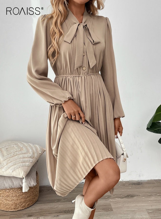 رويس فستان قميص أنيق للنساء بلون سادة وأكمام طويلة وكسرات مع رقبة على شكل فيونكة فستان ميدي أنيق عالي الخصر للنساء بلون المشمش - Image 4