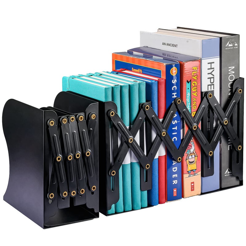 2PCS Adjustable Bookends Metal Book Ends for Heavy Book 2 Dividers Nonslip Book Stander for Desk Shelf Office Stationery Gift Extends up to 19 inches Black