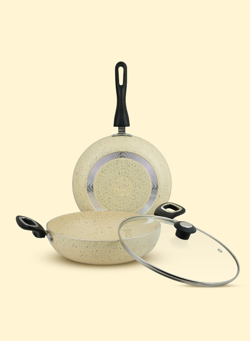 Impex Migo Nonstick Cookware Set | 3 Pcs Induction Bottom With 3 mm Thickness | Aluminium With Granite Finish Fry Pan Kadai Pan Cooking Kitchen | 5 Layer Super Granite Coating | PFOA Free | 1 Year Warranty - FKB BEIGE  - Image 2