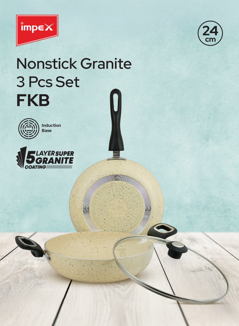 Impex Migo Nonstick Cookware Set | 3 Pcs Induction Bottom With 3 mm Thickness | Aluminium With Granite Finish Fry Pan Kadai Pan Cooking Kitchen | 5 Layer Super Granite Coating | PFOA Free | 1 Year Warranty - FKB BEIGE  - Image 1
