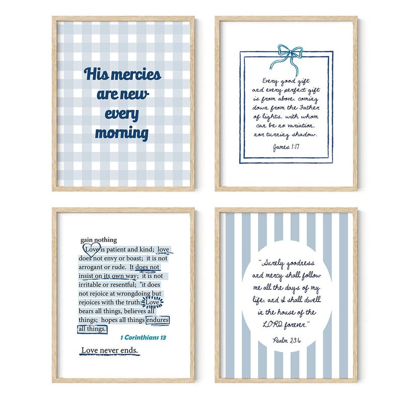 XYDEG Blue Coquette Wall Art Room Decor Posters,Christian Room Bathroom Bedroom Dorm Wall Decor Aesthetic for College Teen Girls Gifts,Inspirational Bible Verses Light Blue Wall Decor, 10x8 Inch Set of 4 Pictures(UNFRAMED) - Image 1