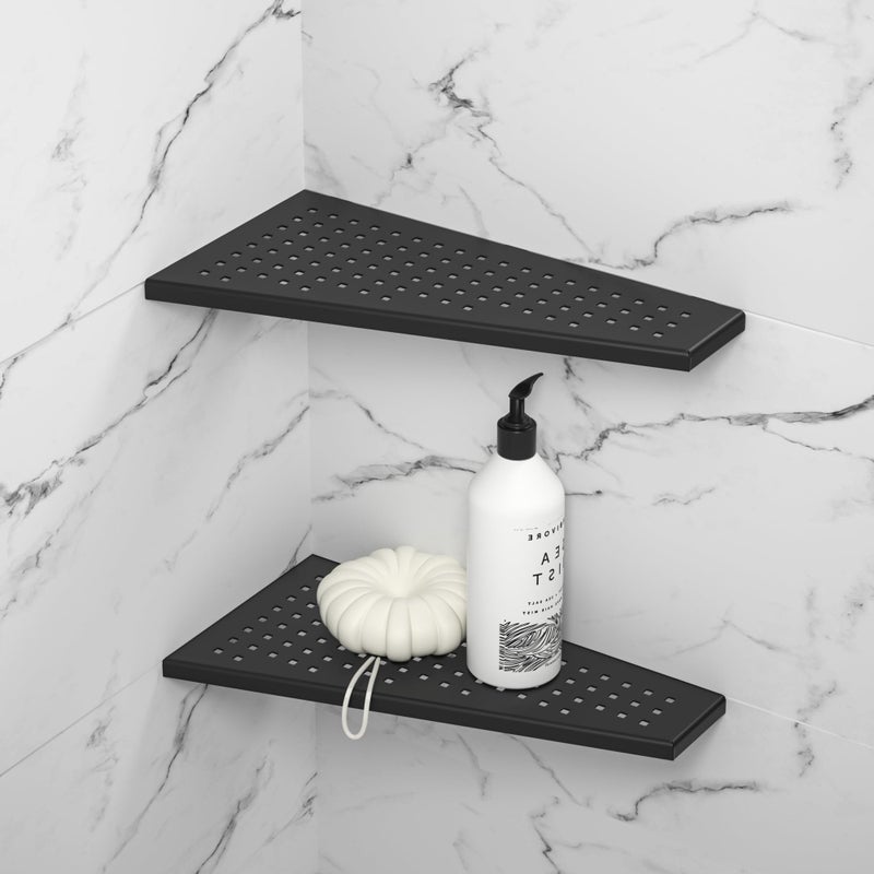 Bernkot Corner Shower Shelf Matte Black 12 304 Stainless Steel Trapezoid Grout in Shelf with Grid Hollows Design Recessed Bathroom Shelves for Tiled Wall Retrofit 2 Pack