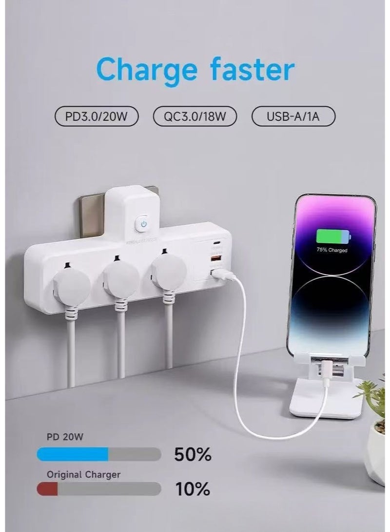 باور مقبس توسعة متعدد مع مصباح ليلي، محول طاقة توسعة عالمي مع منفذين USB-A ومنفذ واحد USB-C (منافذ شاحن سريع)، مقبس شحن جداري توسيع ثلاثي الوظائف. - Image 2