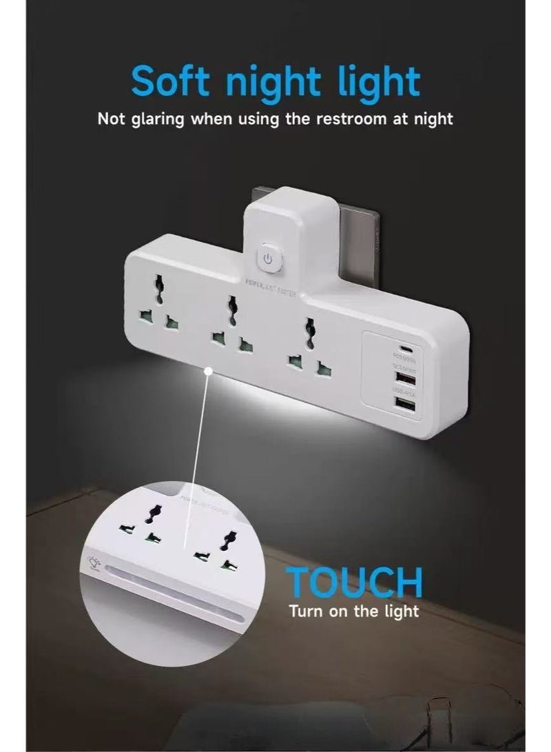 باور مقبس توسعة متعدد مع مصباح ليلي، محول طاقة توسعة عالمي مع منفذين USB-A ومنفذ واحد USB-C (منافذ شاحن سريع)، مقبس شحن جداري توسيع ثلاثي الوظائف. - Image 5