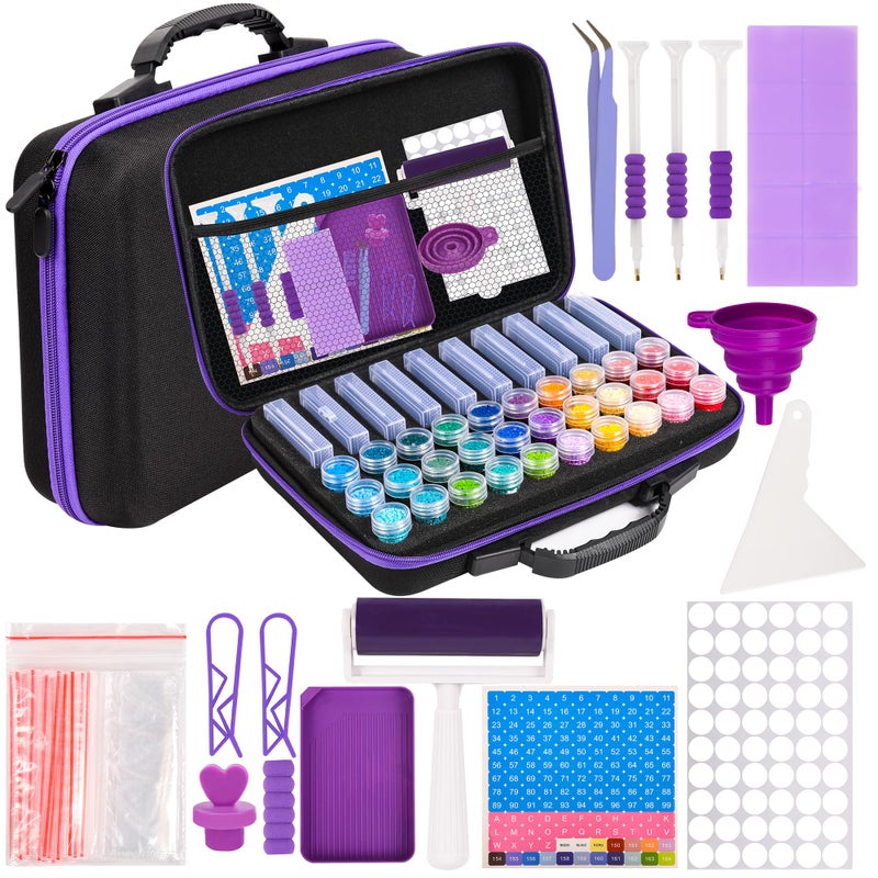 MERATIA Diamond Painting Storage Container, Diamond Art Kits for Adults Stackable Bead Organizer with Carrying Handle, Craft Storage Box with Accessories (Purple-10 Square+30 Round Bottles) - Image 1