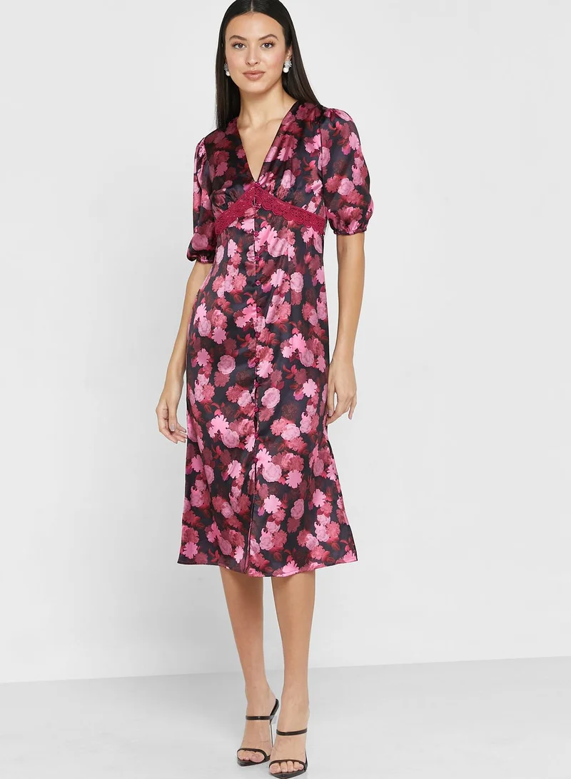 Chi Chi London Petite Plunge Neck Ruffle Sleeve Floral Dress