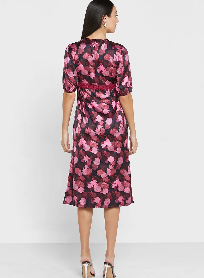Chi Chi London Petite Plunge Neck Ruffle Sleeve Floral Dress
