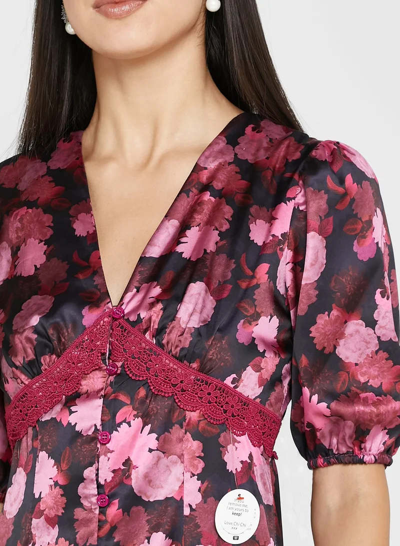 Chi Chi London Petite Plunge Neck Ruffle Sleeve Floral Dress