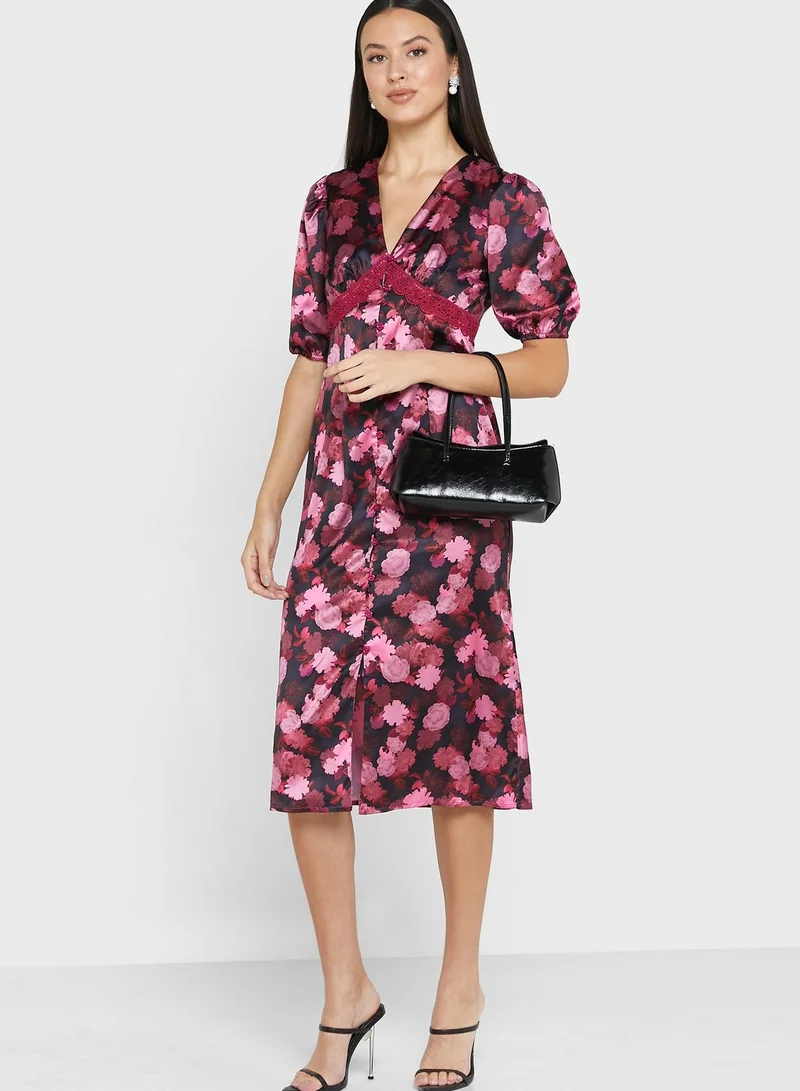 Chi Chi London Petite Plunge Neck Ruffle Sleeve Floral Dress