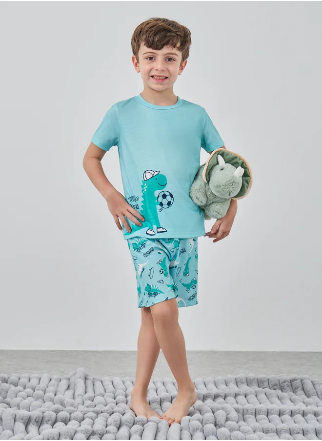 ستايلي Styli Graphic Print Short Sleeve T-Shirt and Shorts Pyjama Set