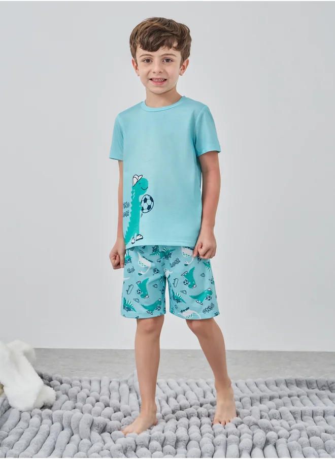 ستايلي Styli Graphic Print Short Sleeve T-Shirt and Shorts Pyjama Set