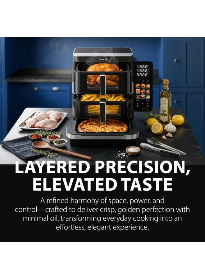 Sachi 12L Dual Zone Air Fryer NL-AF-4797D-BK, 7L+5L Triple Stack, 12 Presets, Touchscreen, Viewing Window & Light, Oil-Free Cooking, 2800W, Non-Stick, Stainless Steel - Image 2
