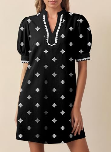 Dokotoo Summer Dress Puff Short Sleeve Color Block V Neck Elegant Casual Dresses for Women Loose A Line Babydoll Mini Short Dress Party Wedding Guest Sundress Plus Size Dresses 2026 Black Medium - Image 2