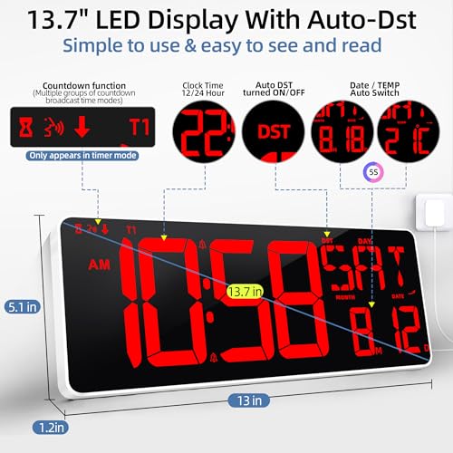 TXL 13.7 Inch Large Digital Wall Clock with Remote Control,LED Desk Clock Digital with DST/Calendar/Temperature/Timer Function, Auto Dimmer, Large Display for Classroom/Office (Red) - Image 2