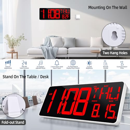 TXL 13.7 Inch Large Digital Wall Clock with Remote Control,LED Desk Clock Digital with DST/Calendar/Temperature/Timer Function, Auto Dimmer, Large Display for Classroom/Office (Red) - Image 3