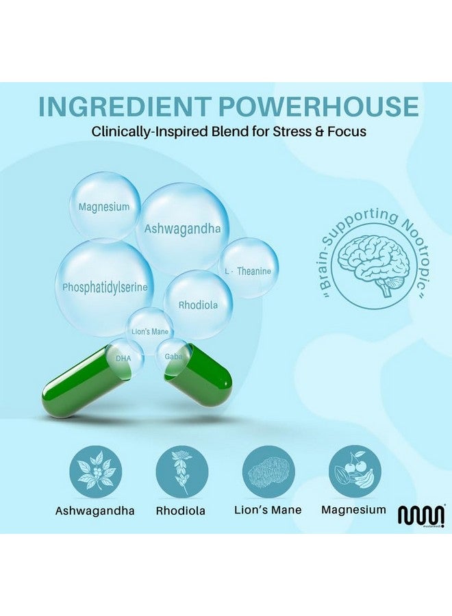 mastermedi Cortisol Support Supplement - Adaptogen & Nootropic Blend with Ashwagandha, Magnesium, Lion’s Mane & GABA - 60 Vegan Capsules - Image 2