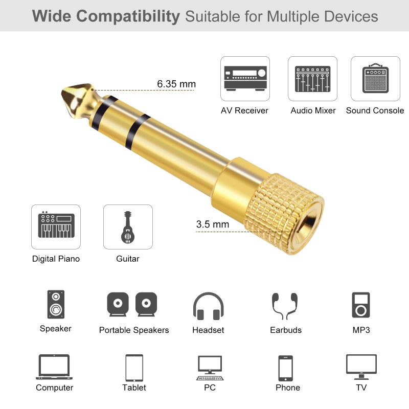 Aqdocvf 5-Pack 3.5mm to 1/4" Adapter, Gold Plated Headphone Jack Adapters, 1/4" to 3.5mm Adapter, Stereo Audio Headphone Adapters for Aux Cable, Headphones, Piano, Drums, Guitar Amplifier - Image 4