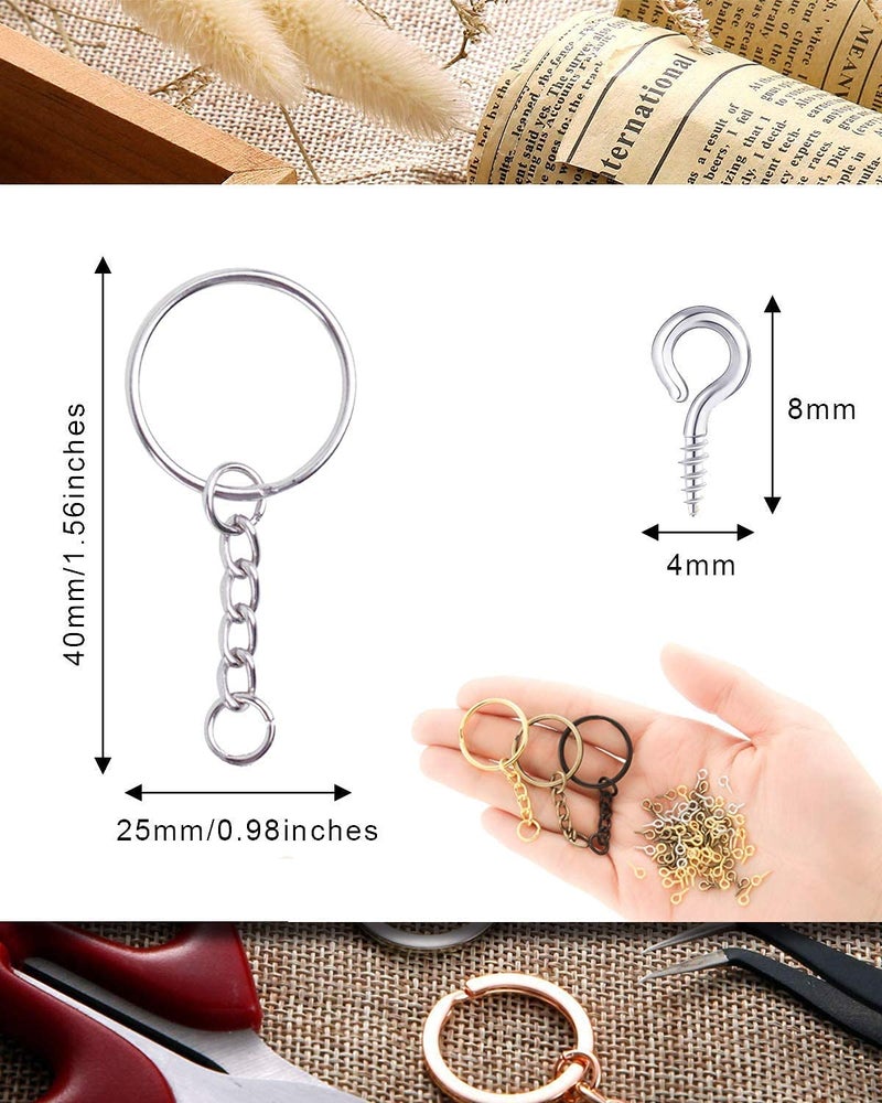 DIY Crafts DIY Crafts 10X Pcs, Silver, Split Key Ring with Chain Set, Metal Flat Keychain Rings 1 Inch with Open Jump Rings and Screw Eye Pins Bulk, Colors, for Resin Jewelry (10X Pcs, Silver)  - Image 2