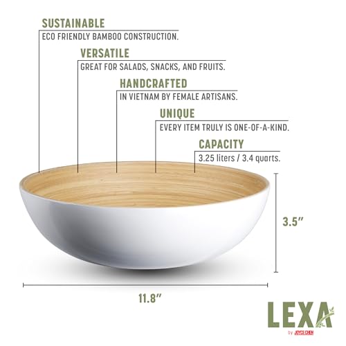 LEXA 12" Handmade Bamboo Salad Bowl – 130 oz Large Wooden Fruit Bowl for Kitchen Counter, White - Image 2