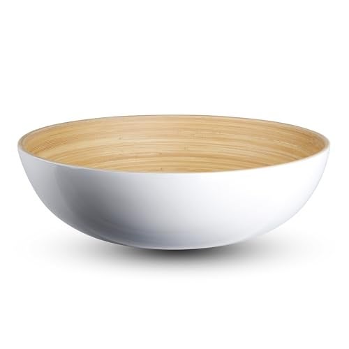 LEXA 12" Handmade Bamboo Salad Bowl – 130 oz Large Wooden Fruit Bowl for Kitchen Counter, White - Image 1