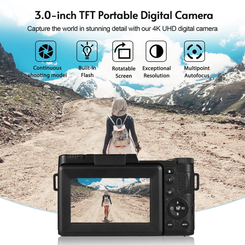 كاميرا رقمية محمولة بشاشة TFT دوارة مقاس 3 بوصة ودقة 48 ميجا بيكسل ودقة فائقة عالية 4K وتكبير 16 مرة ويدعم ذاكرة ممتدة بقدرة 128 جيجابايت مع خاصية مكافحة الاهتزاز مع بطاريتين و بطاقة ذاكرة سعة 32 جيجابايت - Image 4