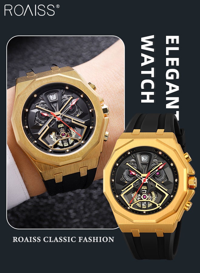 رويس ساعة كوارتز للرجال بحزام من السيليكون، ميناء ثلاثي الأبعاد متعدد الطبقات بتصميم ساعة توقيت مستقلة، ساعة يد رياضية متعددة الوظائف مقاومة للماء، هدية للرجال - Image 1