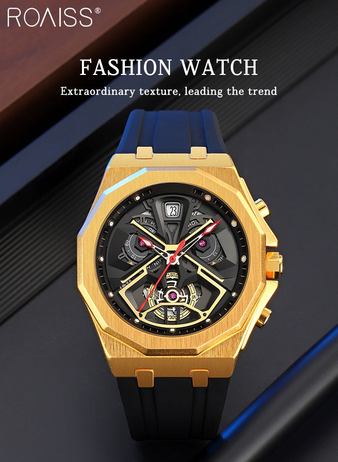 رويس ساعة كوارتز للرجال بحزام من السيليكون، ميناء ثلاثي الأبعاد متعدد الطبقات بتصميم ساعة توقيت مستقلة، ساعة يد رياضية متعددة الوظائف مقاومة للماء، هدية للرجال - Image 3