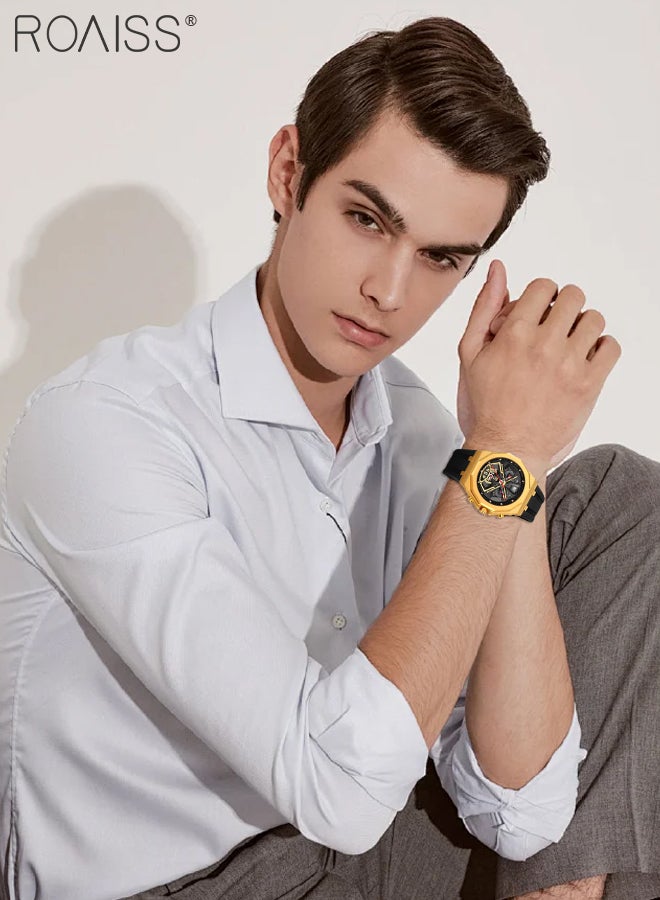 رويس ساعة كوارتز للرجال بحزام من السيليكون، ميناء ثلاثي الأبعاد متعدد الطبقات بتصميم ساعة توقيت مستقلة، ساعة يد رياضية متعددة الوظائف مقاومة للماء، هدية للرجال - Image 2