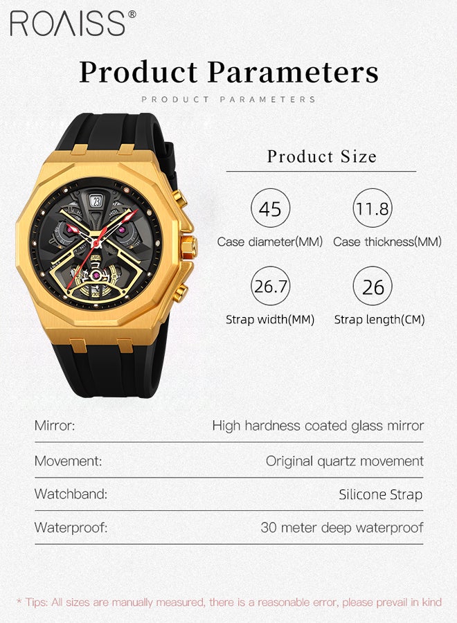 رويس ساعة كوارتز للرجال بحزام من السيليكون، ميناء ثلاثي الأبعاد متعدد الطبقات بتصميم ساعة توقيت مستقلة، ساعة يد رياضية متعددة الوظائف مقاومة للماء، هدية للرجال - Image 4