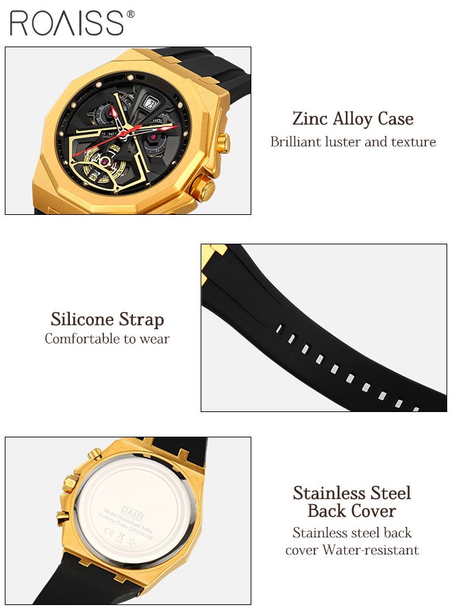 رويس ساعة كوارتز للرجال بحزام من السيليكون، ميناء ثلاثي الأبعاد متعدد الطبقات بتصميم ساعة توقيت مستقلة، ساعة يد رياضية متعددة الوظائف مقاومة للماء، هدية للرجال - Image 5