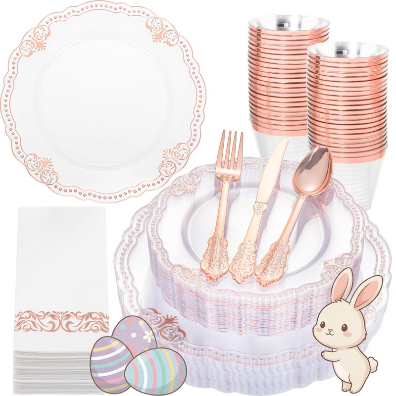 Ciaell 175 PCS Rose and Gold Plastic Plates - Fancy Rose Gold Disposable Dinnerware Set with of 50 Plates, 25 Knives, 25 Forks, 25 Spoons, 25 Cups, 25 Napkins for Wedding & Party & Easter - Image 1