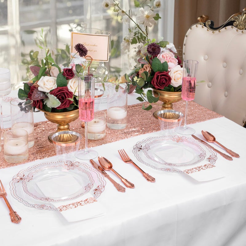 Ciaell 175 PCS Rose and Gold Plastic Plates - Fancy Rose Gold Disposable Dinnerware Set with of 50 Plates, 25 Knives, 25 Forks, 25 Spoons, 25 Cups, 25 Napkins for Wedding & Party & Easter - Image 5