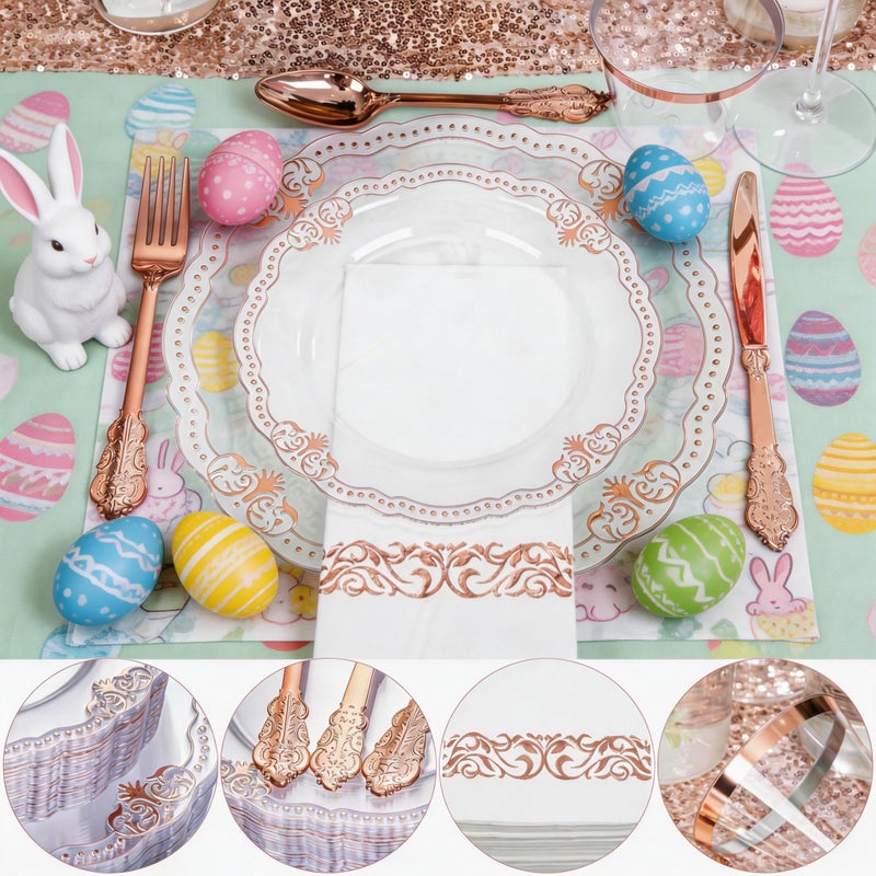 Ciaell 175 PCS Rose and Gold Plastic Plates - Fancy Rose Gold Disposable Dinnerware Set with of 50 Plates, 25 Knives, 25 Forks, 25 Spoons, 25 Cups, 25 Napkins for Wedding & Party & Easter - Image 3