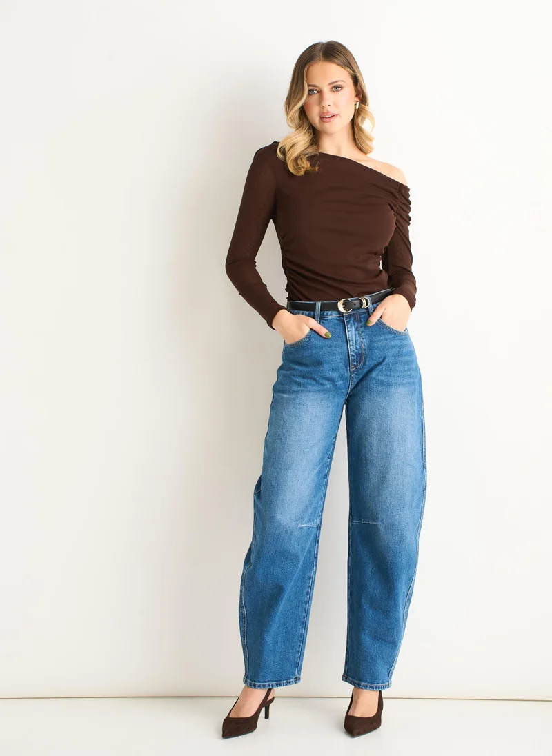 Chocolate Jersey Slash Neck Long Sleeve Top