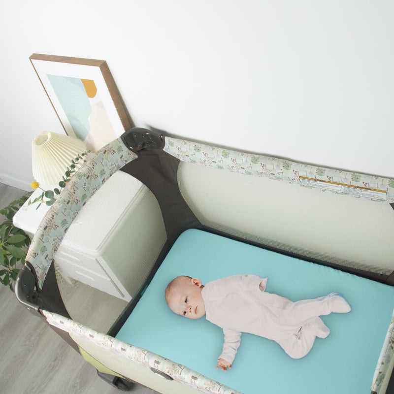 Biloban Pack and Play Sheets Fitted, 2 Pack Pack and Play Sheet Fits for Graco Pack n Play Mattress, Neutral Playard Sheets for Baby Boys and Girl, Grey & Aqua, 38”X 26” - Image 2