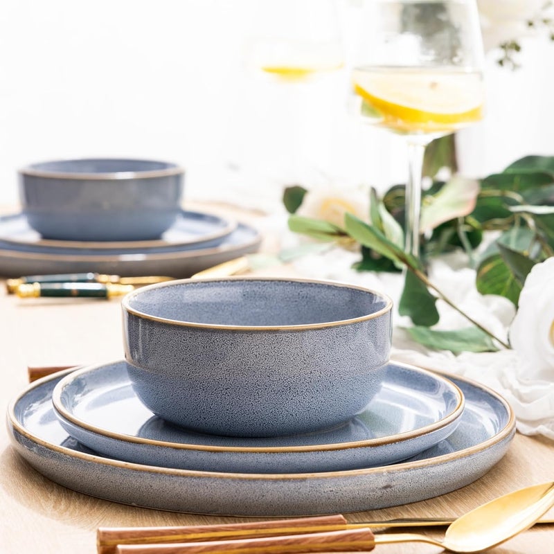 GBHOME Ceramic Dinnerware Sets for 4 12 Pieces Stoneware Plates and Bowls Sets Scratch Resistant Dishe Set for Dinner Dishwasher  Microwave Safe Brunnera Blue - Image 5