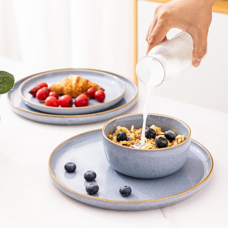 GBHOME Ceramic Dinnerware Sets for 4 12 Pieces Stoneware Plates and Bowls Sets Scratch Resistant Dishe Set for Dinner Dishwasher  Microwave Safe Brunnera Blue - Image 4