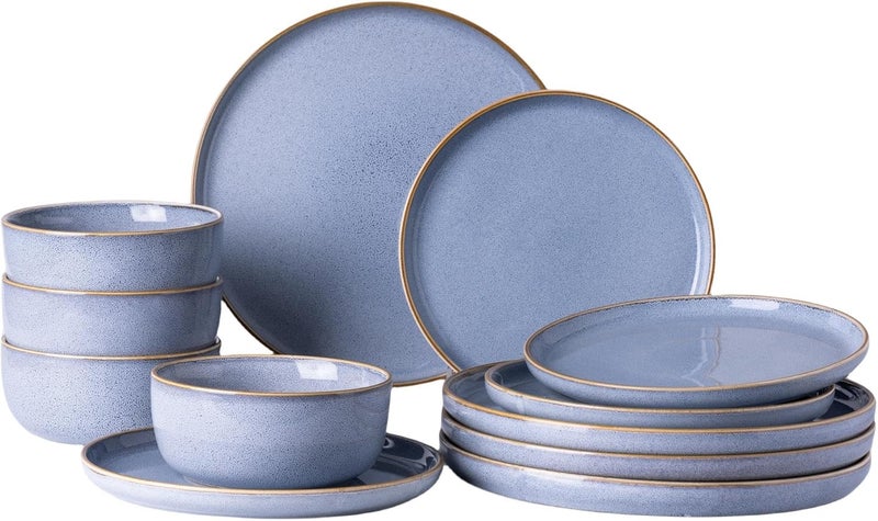 GBHOME Ceramic Dinnerware Sets for 4 12 Pieces Stoneware Plates and Bowls Sets Scratch Resistant Dishe Set for Dinner Dishwasher  Microwave Safe Brunnera Blue - Image 1