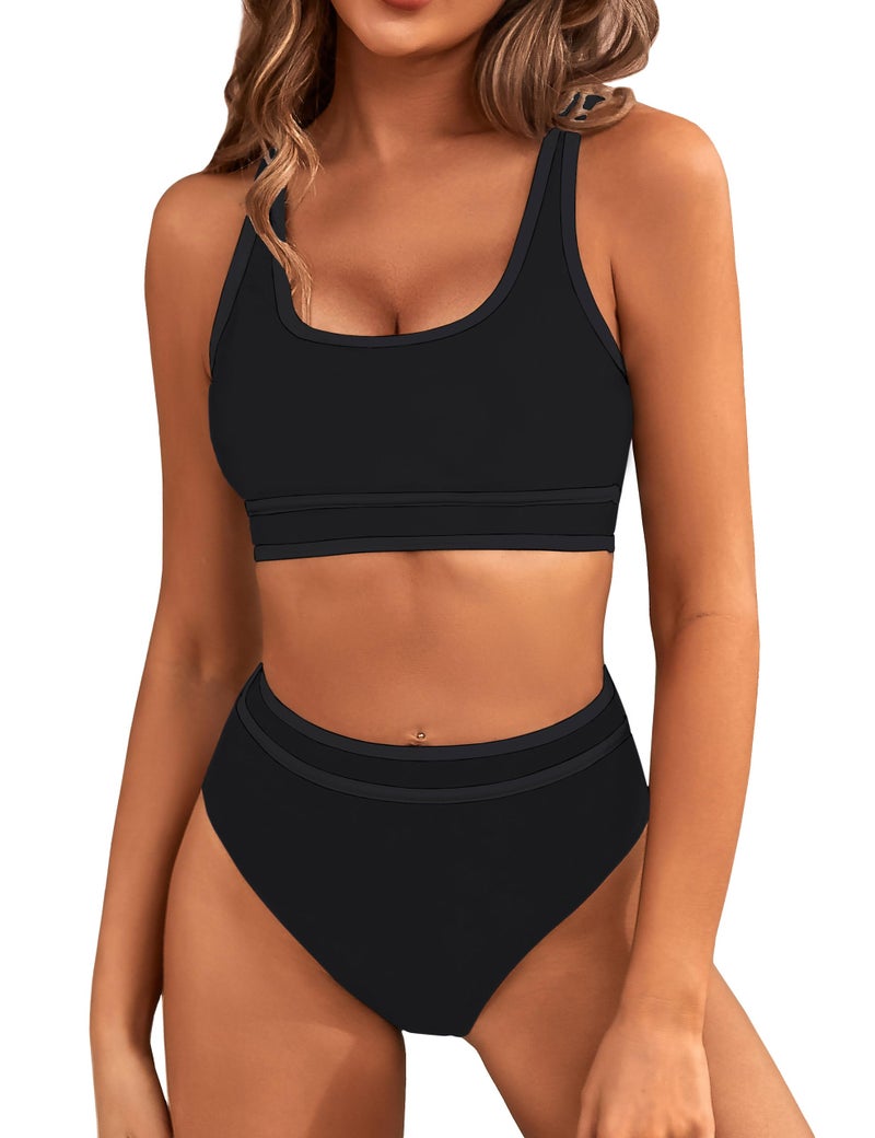 BMJL Women's High Waisted Bikini Sets Sporty Two Piece Swimsuits Color Block Cheeky High Cut Bathing Suits(L,Solid Black) - Image 1