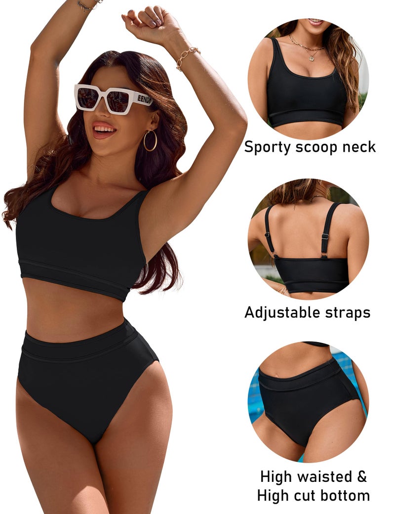 BMJL Women's High Waisted Bikini Sets Sporty Two Piece Swimsuits Color Block Cheeky High Cut Bathing Suits(L,Solid Black) - Image 4
