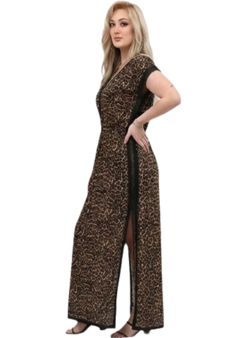 Women's Leopard Print Maxi Dress with V Neck Short Sleeves Side Slit Loose Fit Lightweight Breathable Casual Summer Beach Vacation Holiday Lounge Everyday Fashion Dress Up to 75 KG - Image 3