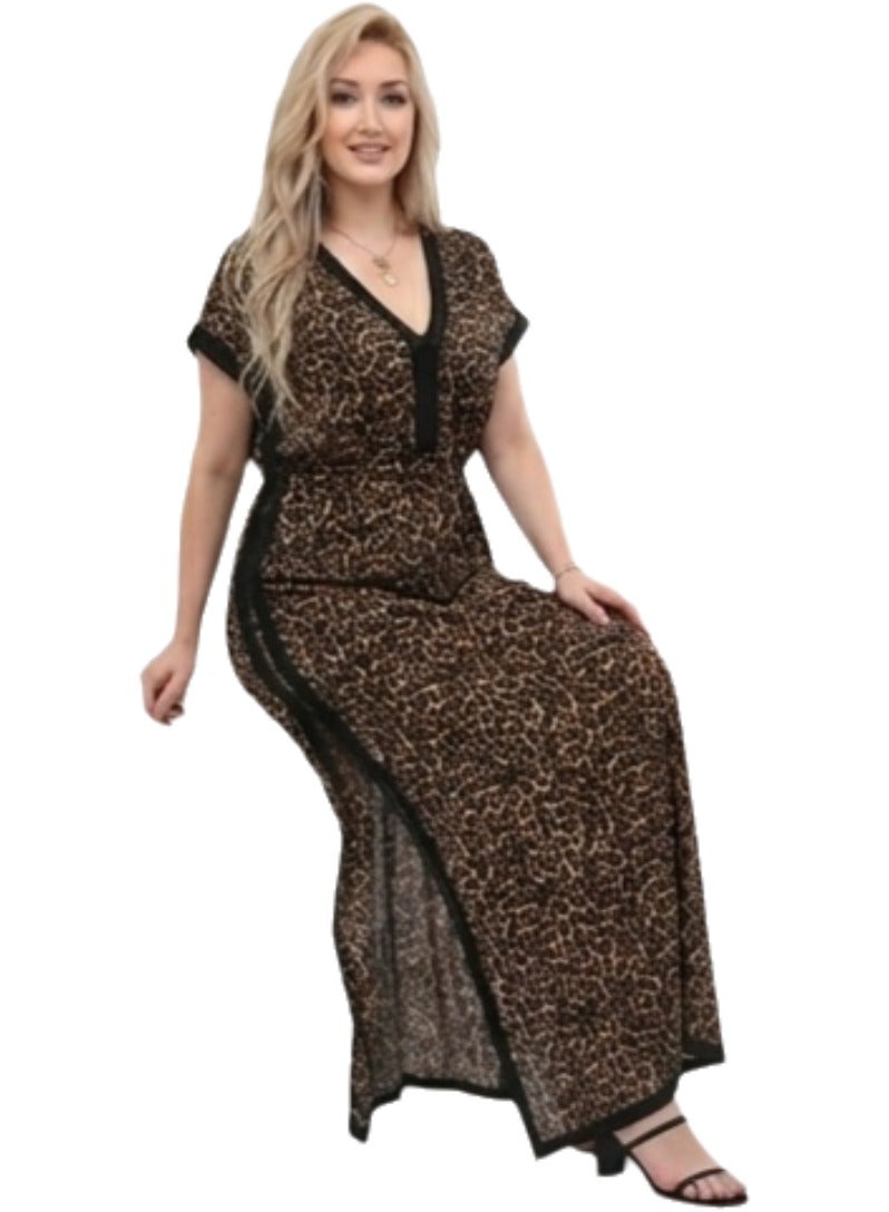 Women's Leopard Print Maxi Dress with V Neck Short Sleeves Side Slit Loose Fit Lightweight Breathable Casual Summer Beach Vacation Holiday Lounge Everyday Fashion Dress Up to 75 KG - Image 2