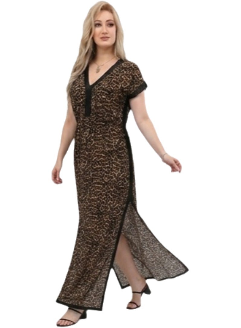 Women's Leopard Print Maxi Dress with V Neck Short Sleeves Side Slit Loose Fit Lightweight Breathable Casual Summer Beach Vacation Holiday Lounge Everyday Fashion Dress Up to 75 KG - Image 4