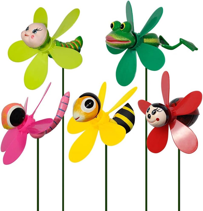SUN PRO Garden Decor Pinwheels, 5-Pack Colorful 3D Lovely Insect Whirligigs Wind Spinners Outdoor Pinwheels for Yard and Garden Wind Spinners for Yard Lawn Decorations (5PCS Mix Set) - Image 1
