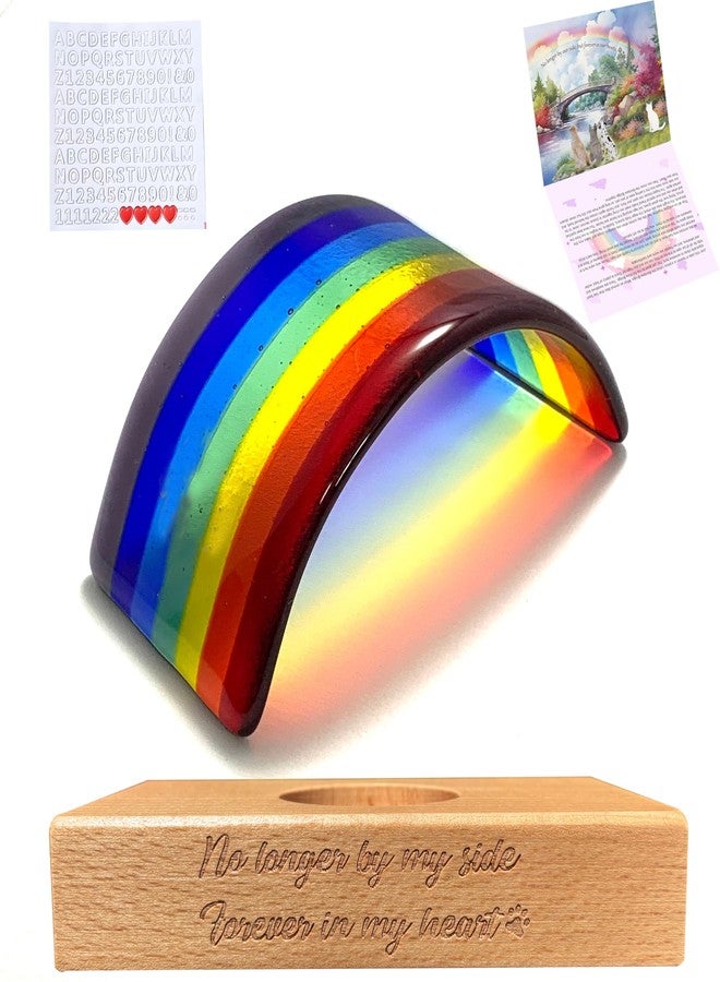 Andthen Rainbow Bridge Fused Glass 3D Colorful Bridge with Beech Wood Base & Sympathy Card Memorial Gift for Dog Cat - Image 1