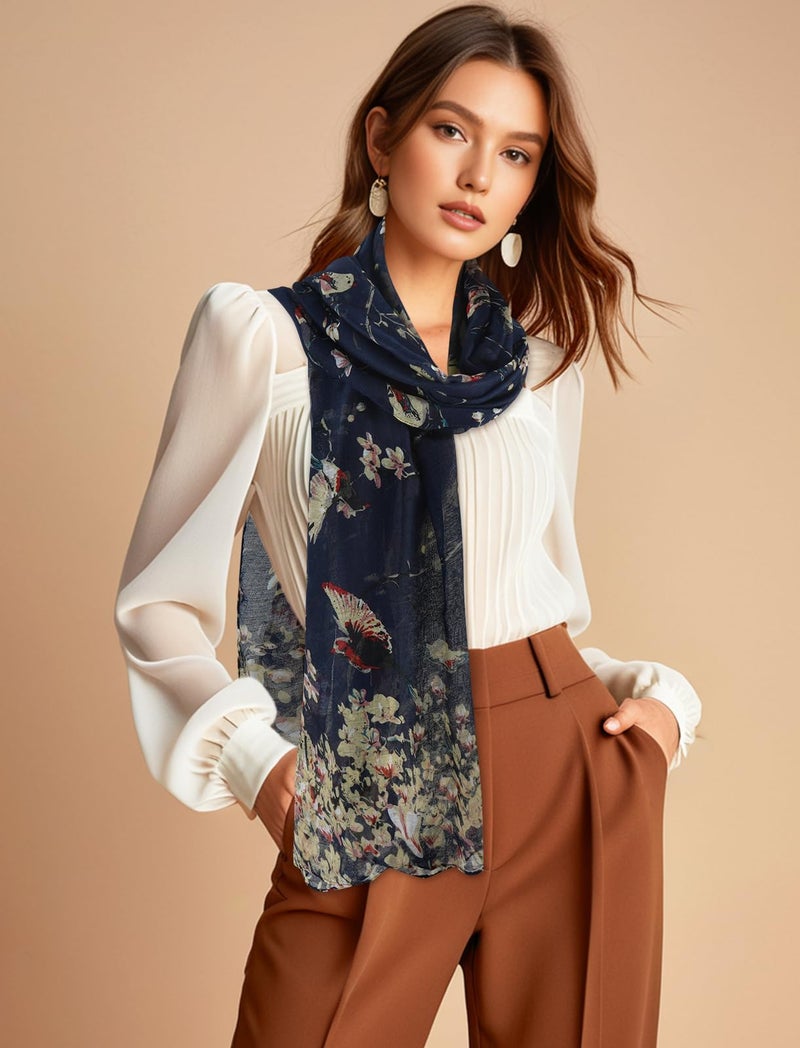 GERINLY Fashion Scarfs for Women Navy Lightweight Large Cotton Scarves for Headwraps Mom Gift Bufanda Pájaros (Dark Blue) - Image 4