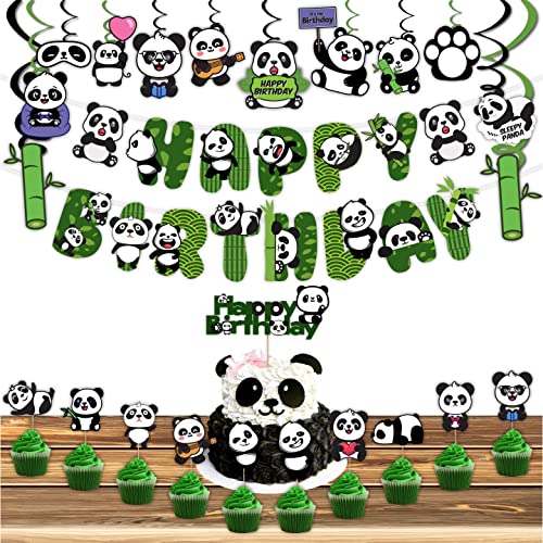 Festiko®Cute Cartoon Panda Birthday Decoration Supplies (36 Pcs), Children Party Decoration,Girl Birthday Party Decoration Full Birthday Set Banner,Cake Topper,Cup Cake Topper & Swirls For Birthday - Image 1