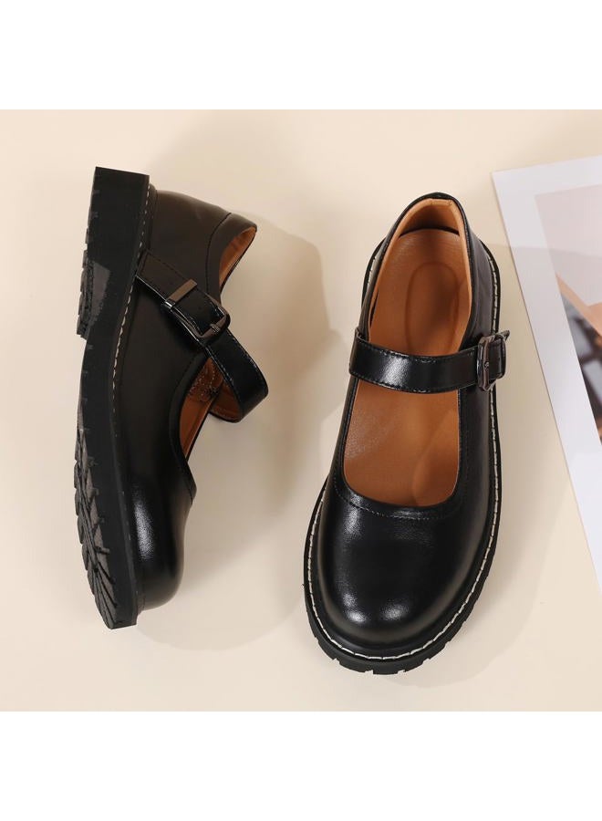 MXIKOCI Mary Jane Oxford Shoes Women Platform Non-Slip Vintage Round Toe Ankle Strap Comfort Casual Dress Work Mary Jane Shoes for Women Girls Laides, Black, 7.5 - Image 3
