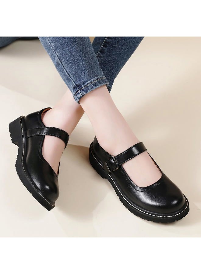 MXIKOCI Mary Jane Oxford Shoes Women Platform Non-Slip Vintage Round Toe Ankle Strap Comfort Casual Dress Work Mary Jane Shoes for Women Girls Laides, Black, 7.5 - Image 2