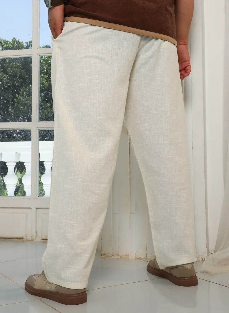 Instafab Plus Instafab Plus Men's Cream White Pleated Extended-Button Trousers For Casual Wear | Mid-Rise | Straight Fit | Button Closure | Plus Size Trousers Crafted With Comfort Fit For Everyday Wear